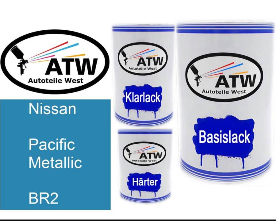 Nissan, Pacific Metallic, BR2: 500ml Lackdose + 500ml Klarlack + 250ml Härter - Set, von ATW Autoteile West.